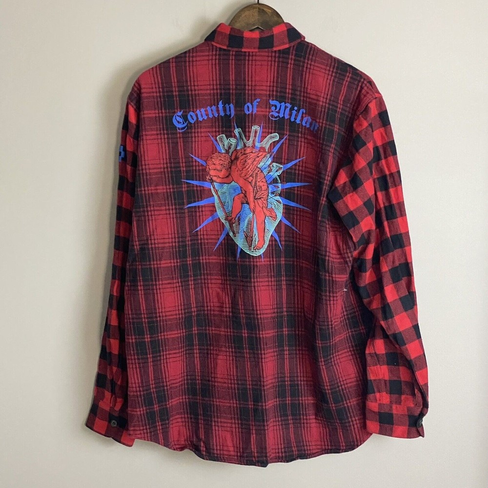 MARCELO BURLON Mens Red Flannel Button Up Long Sleeve Shirt Size M Cupido Milan